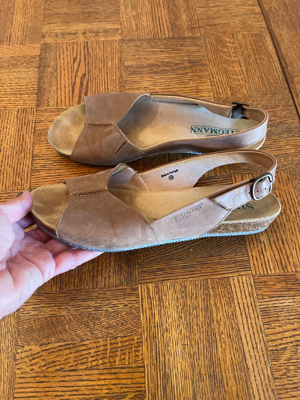Stegmann Louisa Leather Slingback Cork Wedge Sandals Tan/Taupe 10